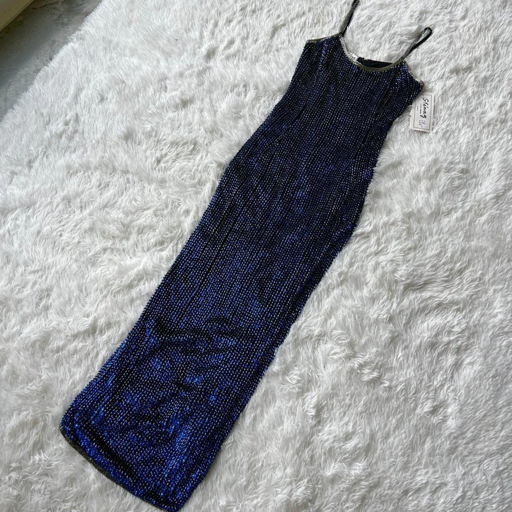 NWT Vintage Sténay 100% Silk Blue Gown Women's Blue and Grey Dress - Picture 6 of 8